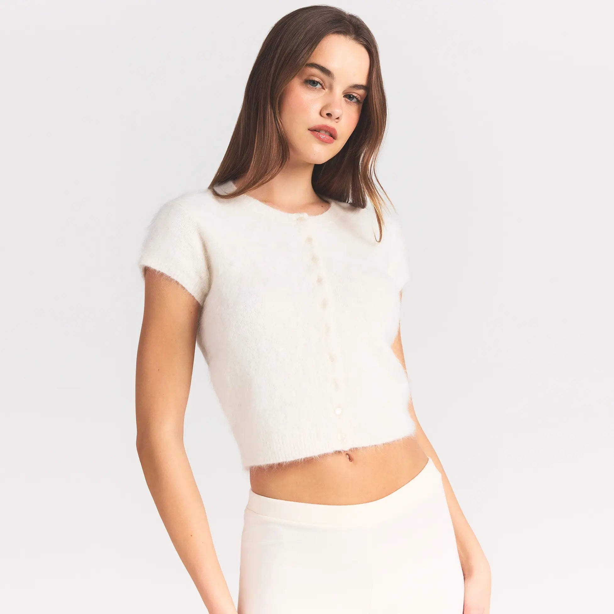 BRUSHED ALPACA SHORT SLEEVE CARDIGAN | EGRET