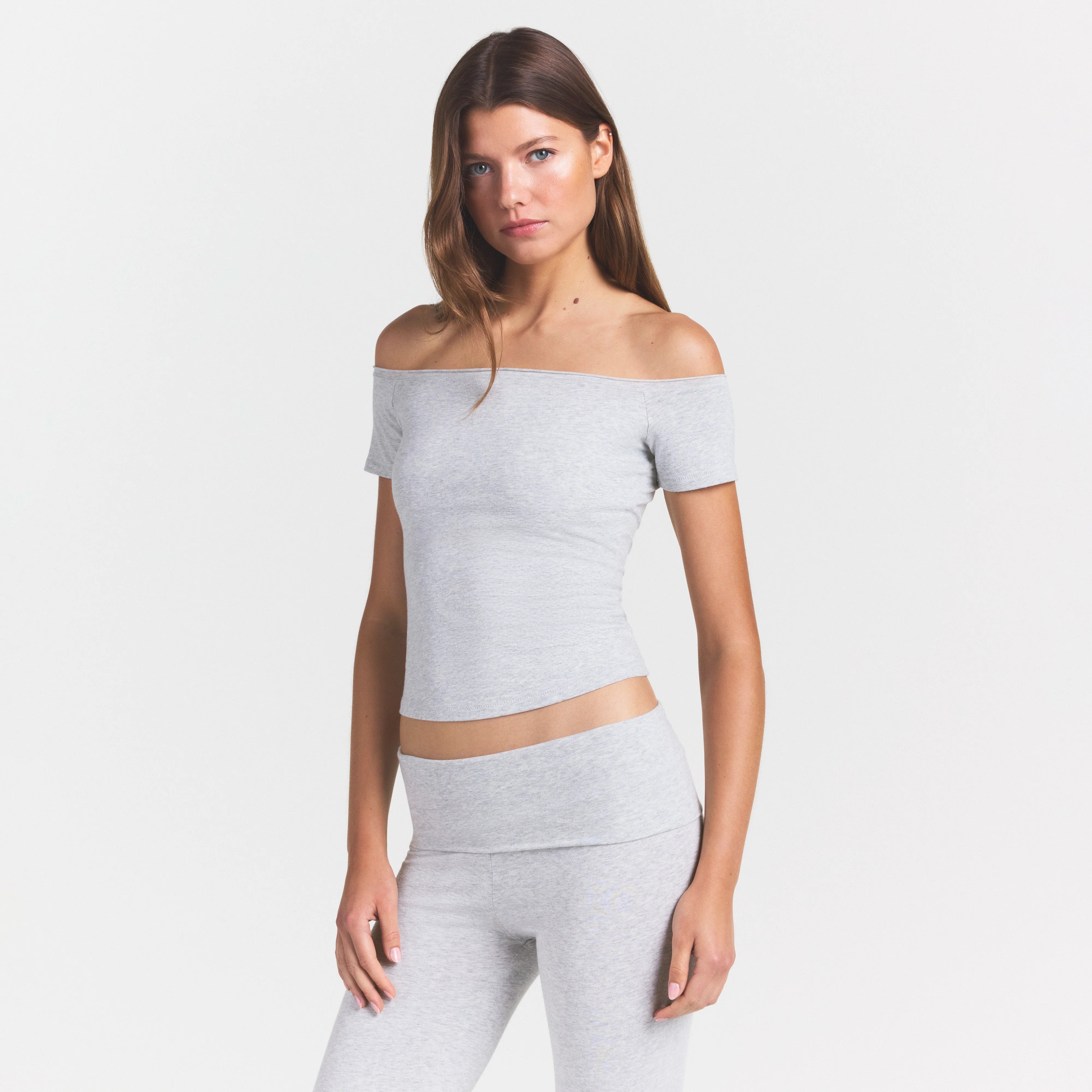 COTTON JERSEY OFF THE SHOULDER TOP | LIGHT HEATHER GREY