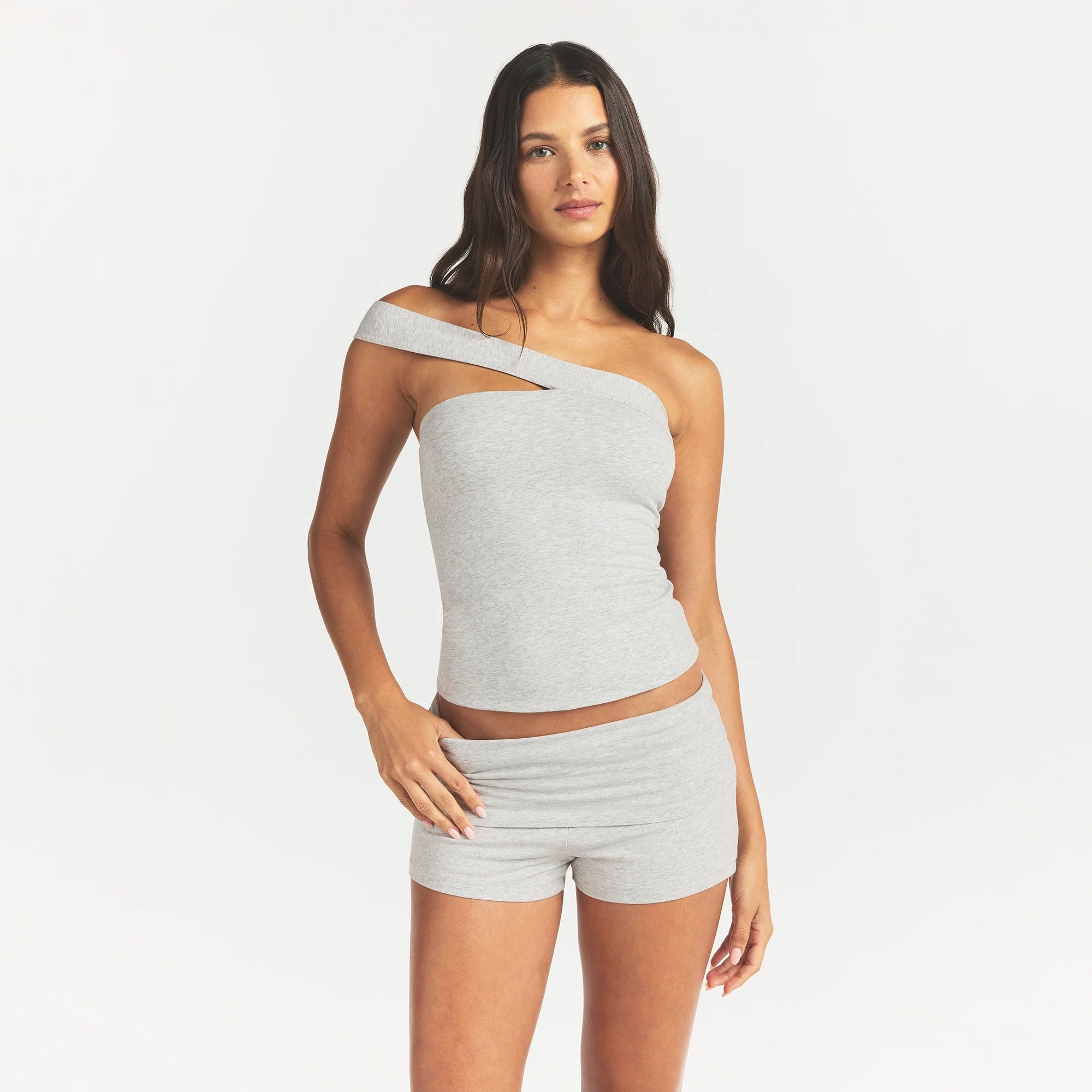 COTTON JERSEY ASYMMETRICAL TOP | LIGHT HEATHER GREY