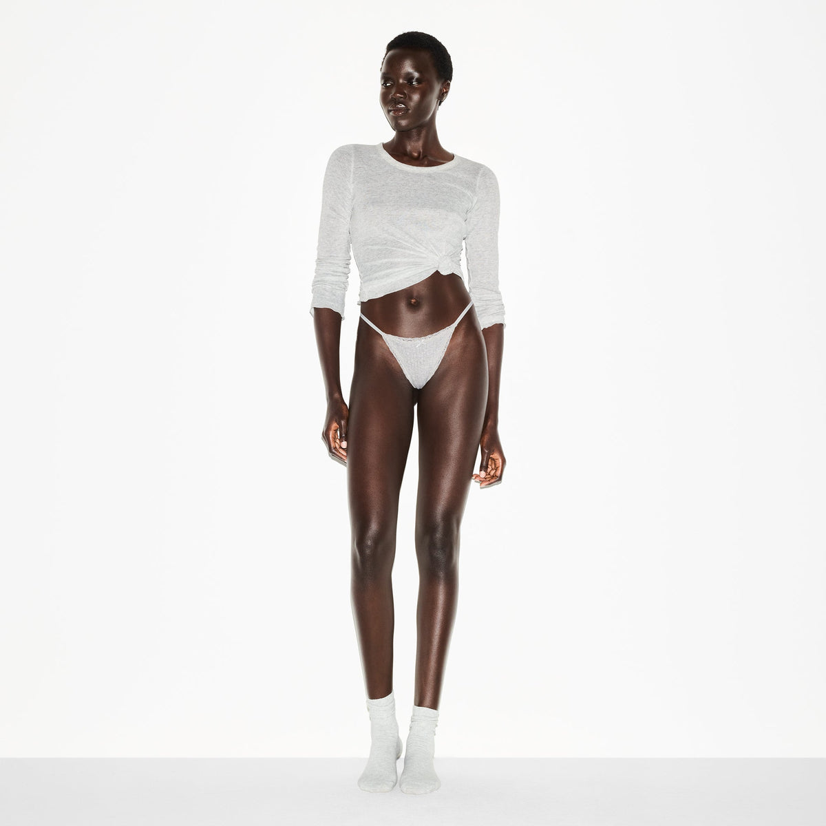 LIGHTWEIGHT COTTON POINTELLE LACE STRING THONG | LIGHT HEATHER GREY