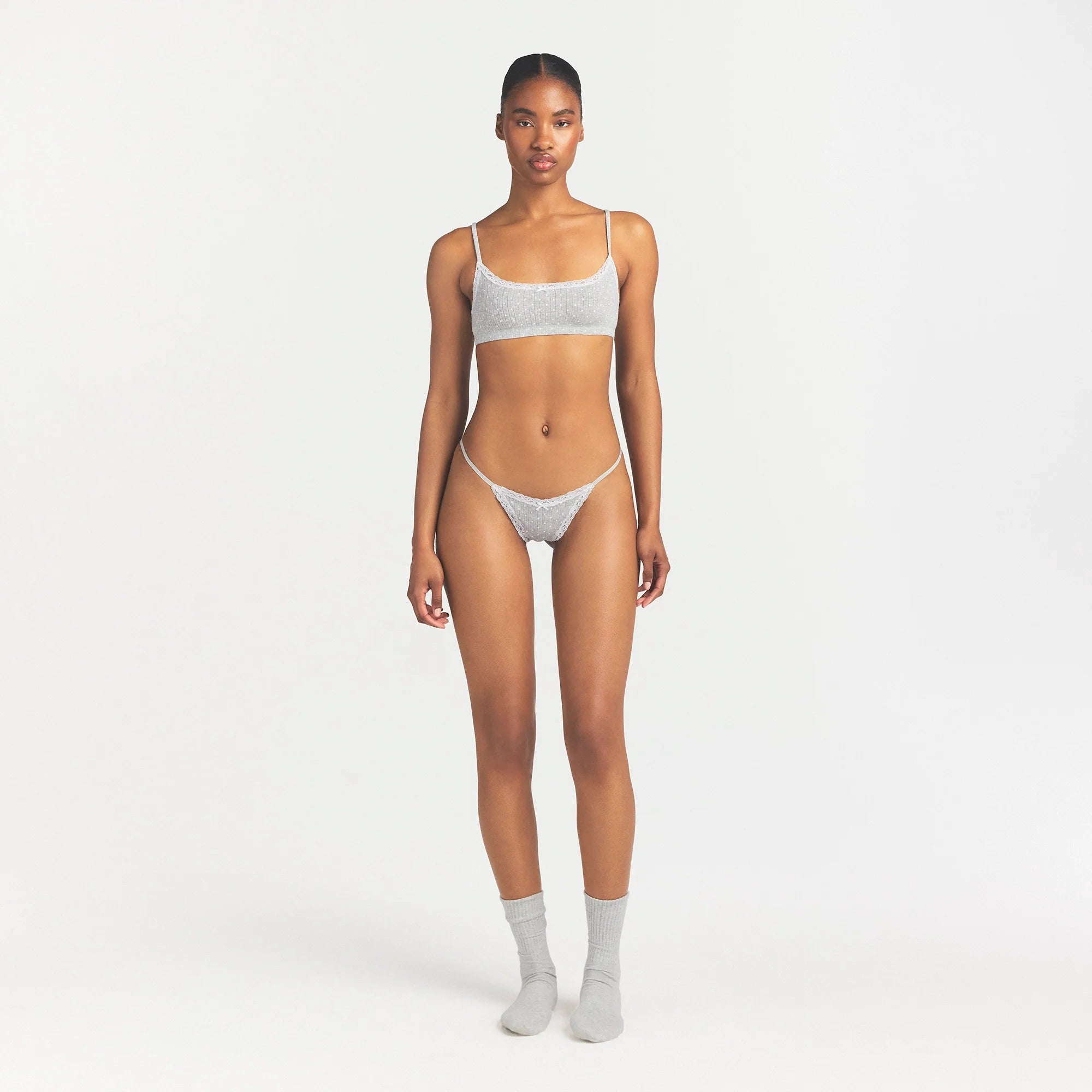 LIGHTWEIGHT COTTON POINTELLE LACE STRING THONG | LIGHT HEATHER GREY PIN DOT