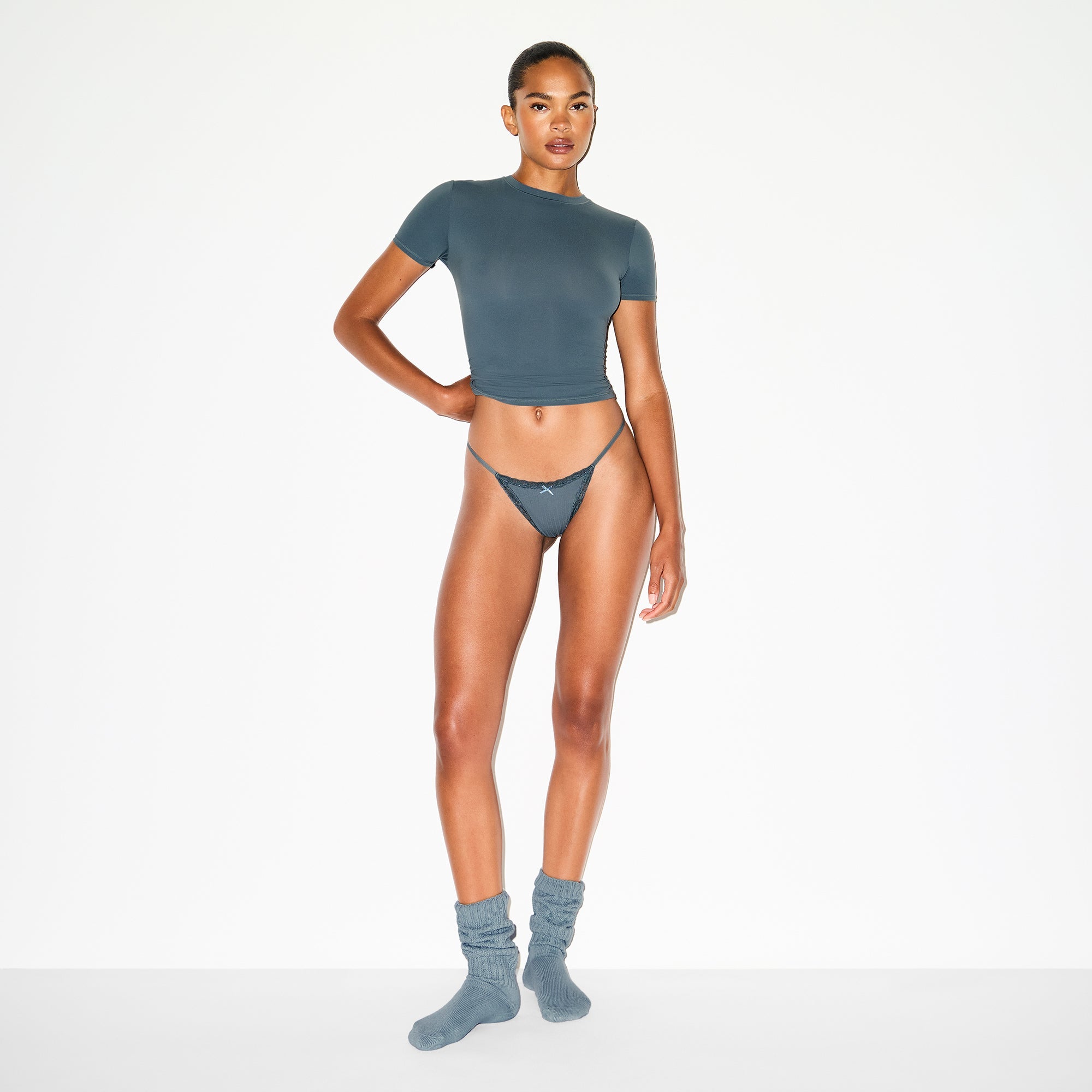 LIGHTWEIGHT COTTON POINTELLE LACE STRING THONG | ZIRCON TONAL